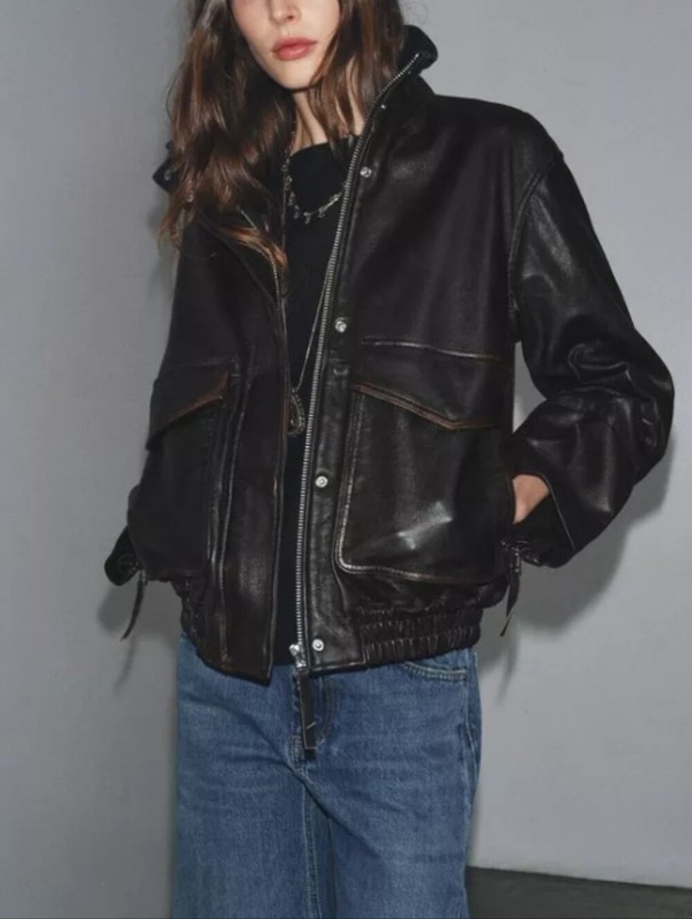 Zara Zw Collection Limited Edition 100% Leather Bomber Jacket Sz-L